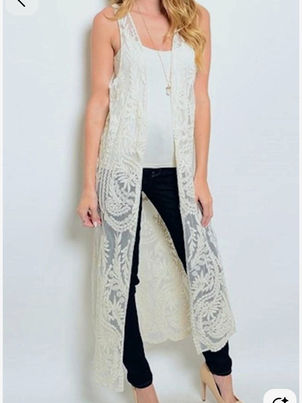 Sheer Lace Long Duster Vest - Cream